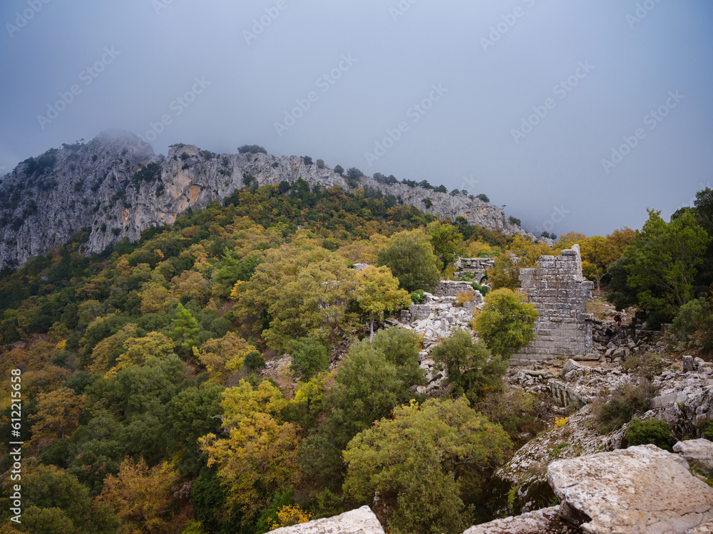 Wall mural Autumn walk by Termessos Ancient City, Turkey. Turkeys most outstanding archaeological sites and one of main tourist center.