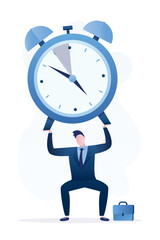 Tired businessman hold alarm clock. Work under heavy pressure, leadership skill to success, complete work within timeline. Hard and difficult business tasks. Job challenges, deadline.