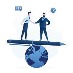 Businessmen or world leaders handshake on pen seesaw on world globe. Successful negotiations, deal. Diplomacy, world agreement or treaty between countries, global politics and partnership