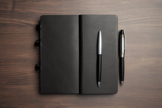 Blank black diary cover and pen on black table mock up generative ai