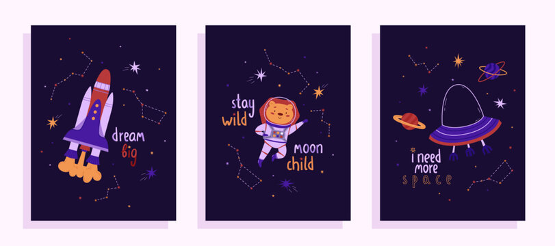 Posters witn funny UFO, rocket and cute lion spaceman. Flat style. Vector illustration. Hand draw lettering. International Day of Human Space Flight and Cosmonautics Day. Ideal for stickers, postcards