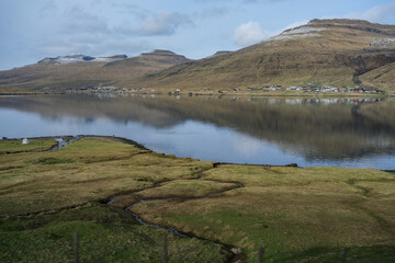 Obraz premium Beautiful landscape nature scenery of Faroe Islands, Denmark in Atlantic Ocean for serenity, quiet and peaceful adventure trekking outdoor holiday vacation for climbing and hiking