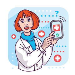 Female in medical coat holding smartphone, provide medical help, online support for patients. Modern healthcare services. Make diagnoses and treat online remotely. Vector flat illustration
