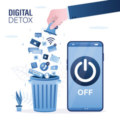 User hand turn off smartphone and throw social media signs in trash can. Off button on cell phone screen. Digital detox concept. No using mobile phone, smart gadget. Freedom from internet