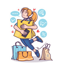 Young smiling woman holding bags. Successful purchase concept. Client get order from Internet store. Mobile online shopping from home. Vector flat illustration in cartoon style