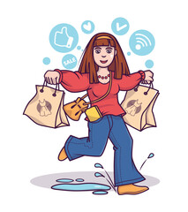 Happy lady holding bags with clothes. Successful purchase concept. Client buying goods on Internet sale. Special offers at online stores. Mobile online shopping from home. Vector flat illustration