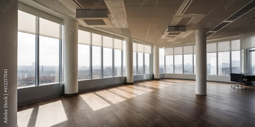 Poster empty space in office with large window overlooking city center. generative ai aig18.