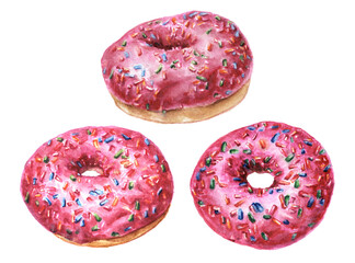 Watercolor hand drawn set with round donuts with pink glaze isolated on white background.
