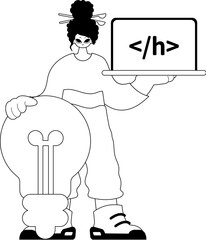 Girl with big light up bulb and window with program icon . Black and white note artwork. Trendy style, Vector Illustration