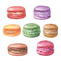 Watercolor illustration of hand painted macarons