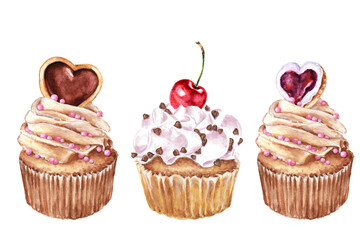 Watercolor cupcakes set. Hand painted  for design of menu.