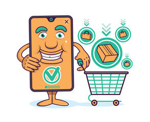 Funny cartoon mobile phone character doing online shopping, carry cart. Time for buying goods in online shops on internet sale. Special offers and discounts. Vector flat illustration