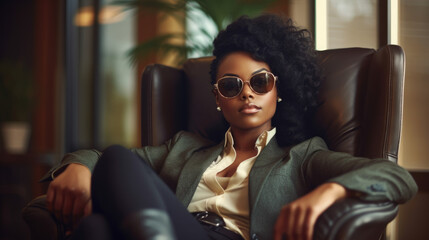 Bllack woman in a business suit standing in a confident pose. Woman's rights equality success of African-American people generative ai