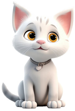 White cartoon cat in 3D style, isolated on a transparent background, generative AI animal