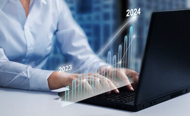 Growing virtual hologram stock chart in New Year 2024. Developnent, planning and strategy, stock market, business progress, motivation or success concept.