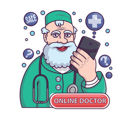 Cartoon medical worker providing online medical consultations via smartphone. Healthcare services via Internet. Video call meeting with doctor. Vector flat illustration in green and blue colors