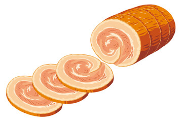 Chunk and slices of roast pork against white background