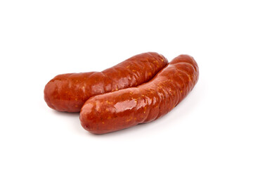 Smoked german sausages, isolated on white background.