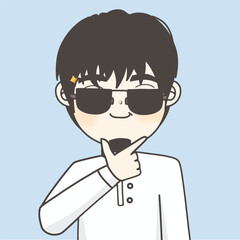 beard man shows two finger , cool muslim man , guy is wearing glasses