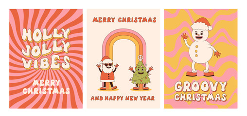 Merry Christmas and Happy New year. Santa Claus, snowman in trendy retro cartoon style. Greeting cards, template, posters, prints, party invitations and backgrounds. Groovy winter posters.