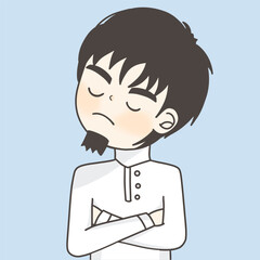 beard man is unhappy , muslim man isn't ok , guy is denying with arm crossed