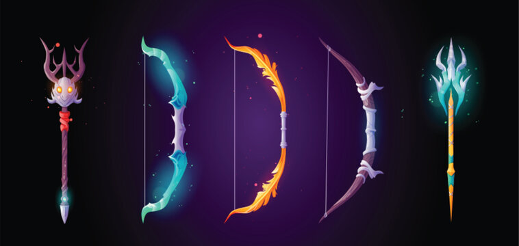 Cartoon set of magic bows and triden staffs isolated on background. Vector illustration of golden, silver, wooden crossbows for war game fight, hunting, witchcraft sticks decorated with gems and skull