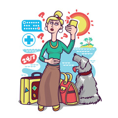 Cartoon character getting online medical support. Female tourist holding mobile phone and calling to doctor, call ambulance. Modern healthcare services. Vector flat illustration