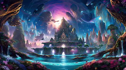 Fototapeta premium Fantasy fairy tale castle land land in a fantastic,&nbsp;realistic&nbsp;style. Digital artwork, concept illustration. For poster, wallpaper, video games background.