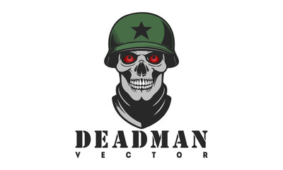 Vector portrait of a dead man soldier in a military helmet and with red eyes. Logo, sticker or emblem. White isolated background.