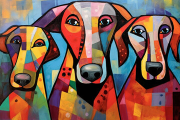 Colorful, abstract portrait of three dogs, created with generative ai