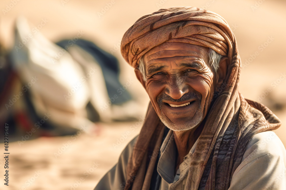 Poster a portrait of a smiling old muslim with camels in background. created with generative ai technology.