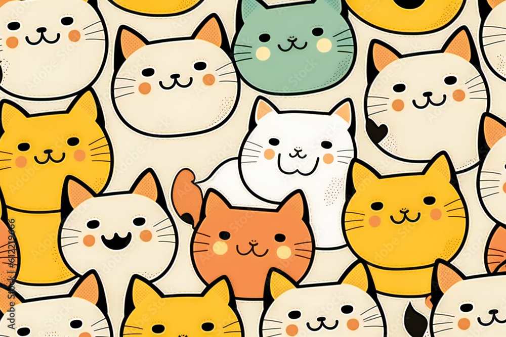 Poster cute playful kitten cartoon characters background. created with generative ai technology.