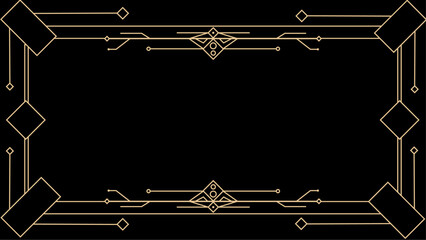 Art deco background with golden line on black background. Art deco vintage linear thin line geometric shape retro design frame badge. Art deco line border for wedding, template, greeting card, poster