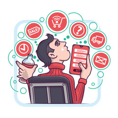 Man holding mobile phone, selecting things in online store, reading information about online deliver. Time for buying goods in online shops on internet sale. Vector flat illustration