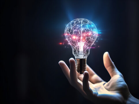 Man holding light bulbs, ideas of new ideas with innovative technology and creativity. Concept art with light bulbs that sparkle with glitter,ai generated