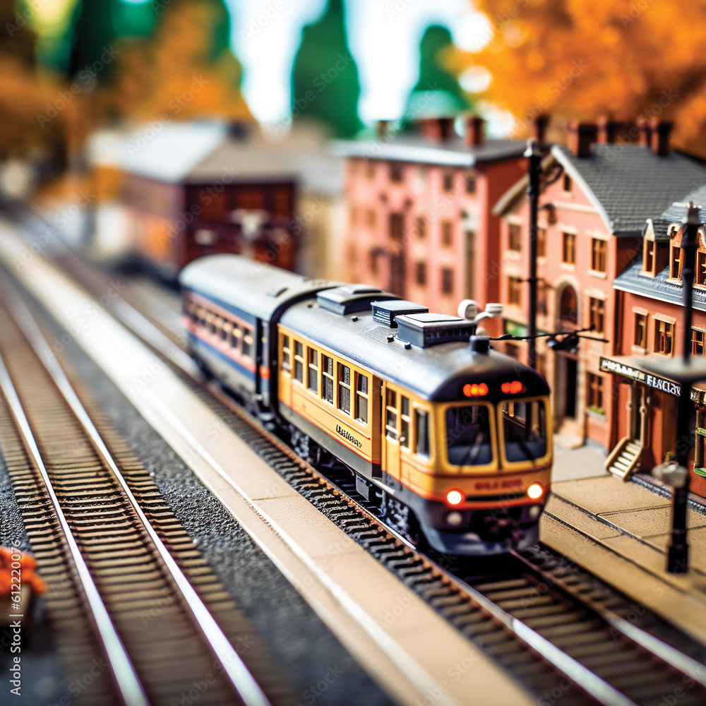 Poster miniature train and station. created with generative ai technology.