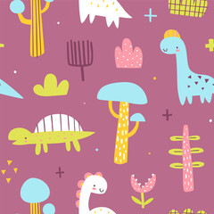 Cute jurassic pattern with dino and plants. Seamless purple vector print with abstract dinosaurs for baby textile and fabric.
