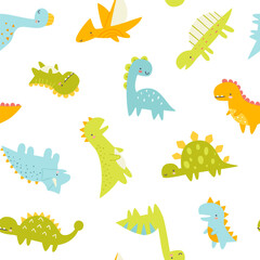Seamless pattern with cute dino. Colorful print with different dinosaurs for baby boys.