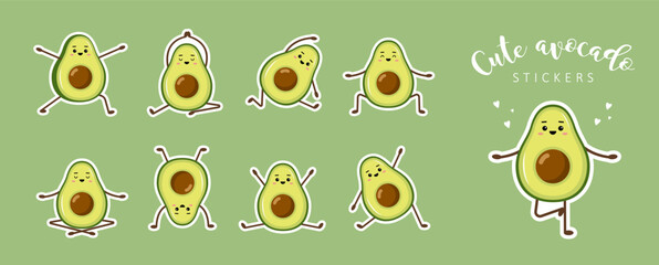 Cute kawaii avocado stickers. Set of doodle fruit on green background. Trendy decor for notebook or diary. Hand drawn vector illustration in flat cartoon style.