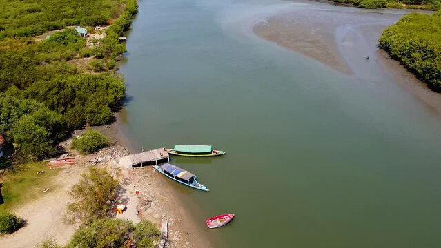 Aerial Drone Fly Above Water Channel, River Gambia, Stala Adventures Kartong Travel Destination in The Gambia West Africa