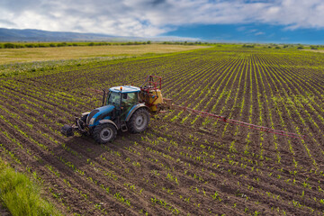 Drone shot of farming tractor