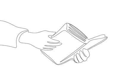 Open book in hands isolated on white background. One line continuous vector illustration. Line art, outline.