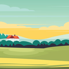 Fototapeta na wymiar Beautiful fields landscape with a dawn, green hills, bright color sunset sky, background in flat cartoon style. Vector illustration.