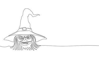 Scary witch in hat isolated on white background. One line continuous vector illustration. Line art, outline.