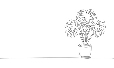 Plant in pot isolated on white background. One line continuous vector illustration. Line art, outline.