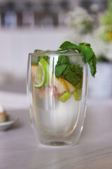 non-alcoholic mojito with fresh mint in the cafe. Summer refreshing drink