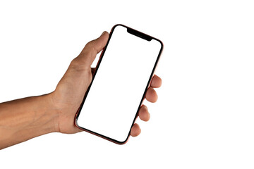 Black male hand holding smartphone with blank screen on white