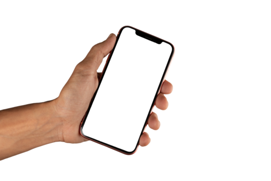 Black male hand holding smartphone with blank screen on white