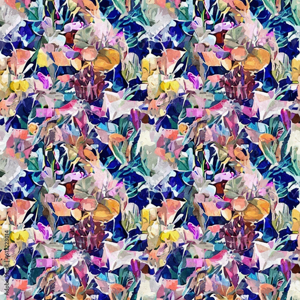 Poster computer graphics of abstract floral psychedelic background stylization of colored chaotic stickers 