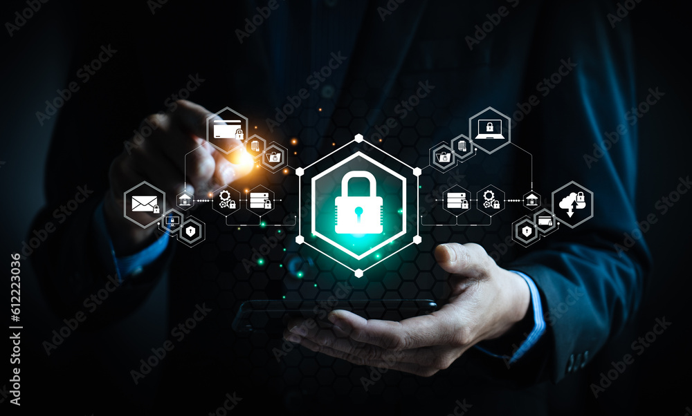 Poster safeguarding digital assets and personal information with cybersecurity and data protection measures